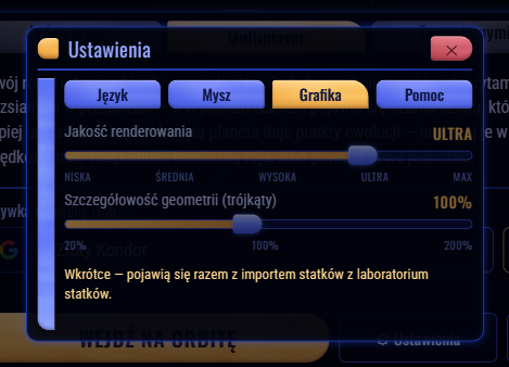 Okno ustawień z zakładką Grafika: suwaki jakości renderowania (ULTRA) i szczegółowości geometrii (100%), wyszarzone, z dopiskiem Wkrótce