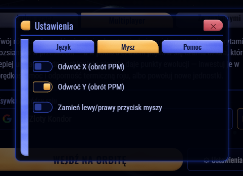 Okno ustawień w nowym stylu: zakładki Język, Mysz i Pomoc, w zakładce Mysz trzy przełączniki, jeden z nich włączony na złoto
