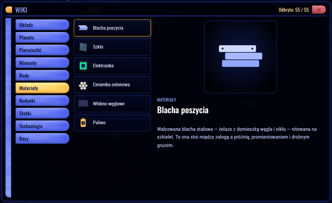 Okno Wiki na zakładce Materiały: blacha poszycia, szkło, elektronika, ceramika osłonowa, włókno węglowe i paliwo; po prawej hasło Blacha poszycia z opisem