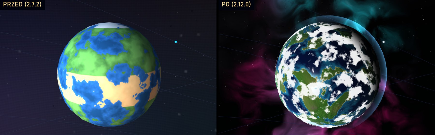 Porównanie planety na trzeciej orbicie: po lewej stara kula z płaskimi plamami koloru, po prawej nowa planeta z kontynentami, oceanami i chmurami