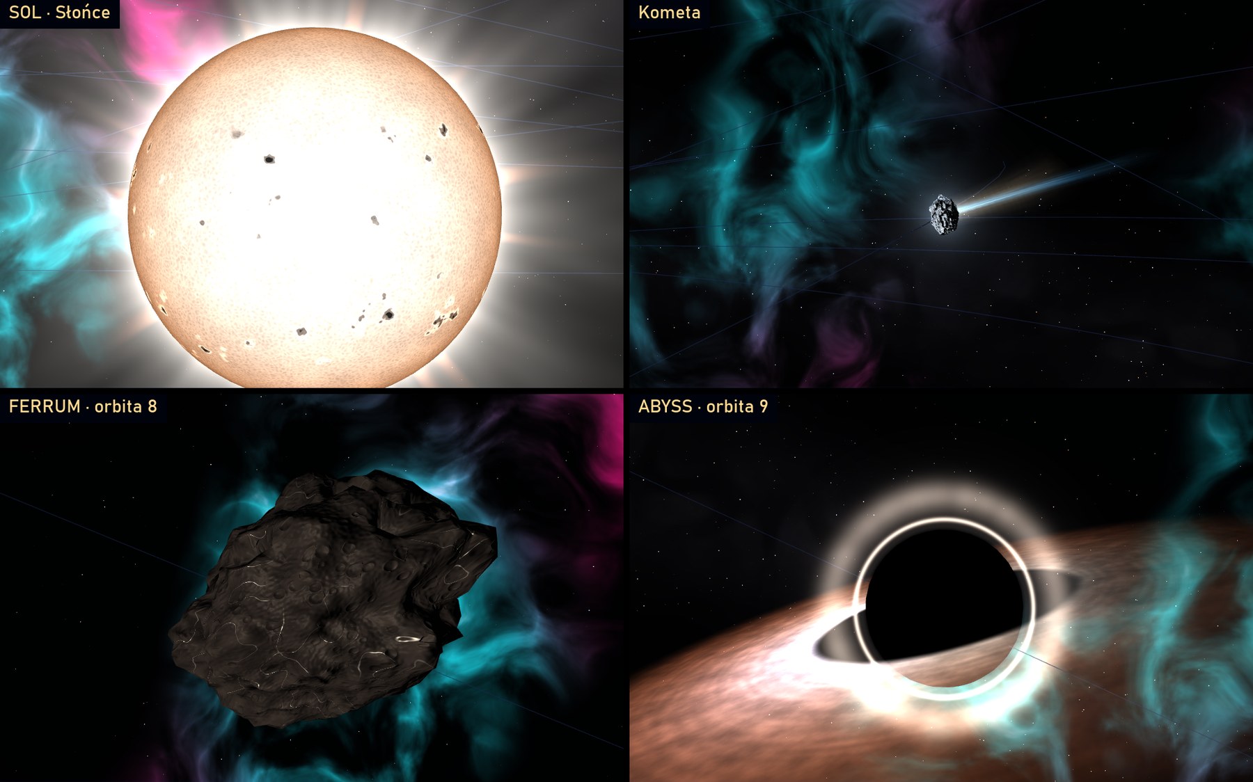 Cztery ciała: Słońce SOL z plamami, kometa z dwoma warkoczami, nieregularny meteoroid FERRUM i czarna dziura ABYSS z dyskiem akrecyjnym