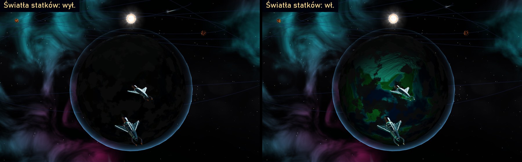Nocna strona planety TERRA-1 ze statkami: po lewej ciemna przy wyłączonych światłach, po prawej podświetlona turkusowo przy włączonych