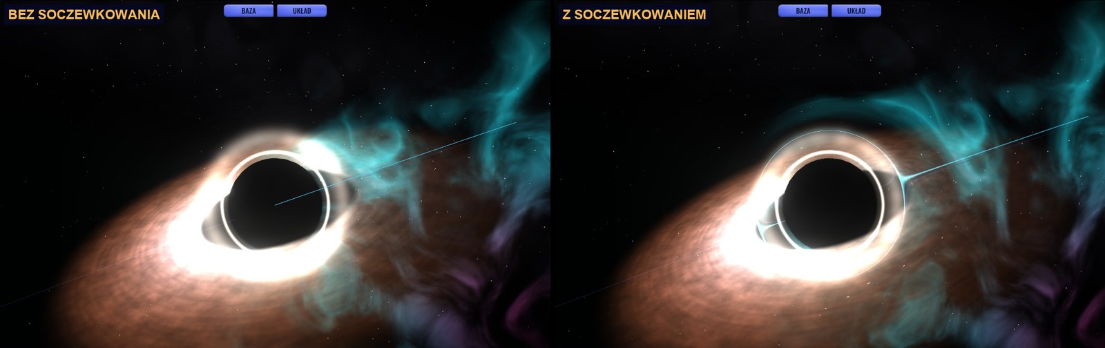 Czarna dziura z dyskiem akrecyjnym: po lewej bez soczewkowania, po prawej z zagiętą mgławicą i orbitą wokół