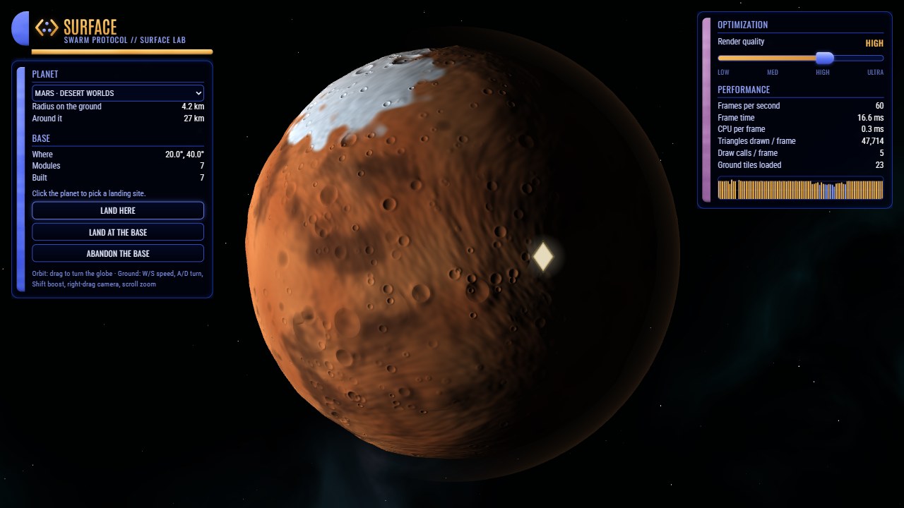 Mars z orbity w laboratorium powierzchni ze złotym znacznikiem bazy i panelem BASE: 7 modułów, 7 gotowych