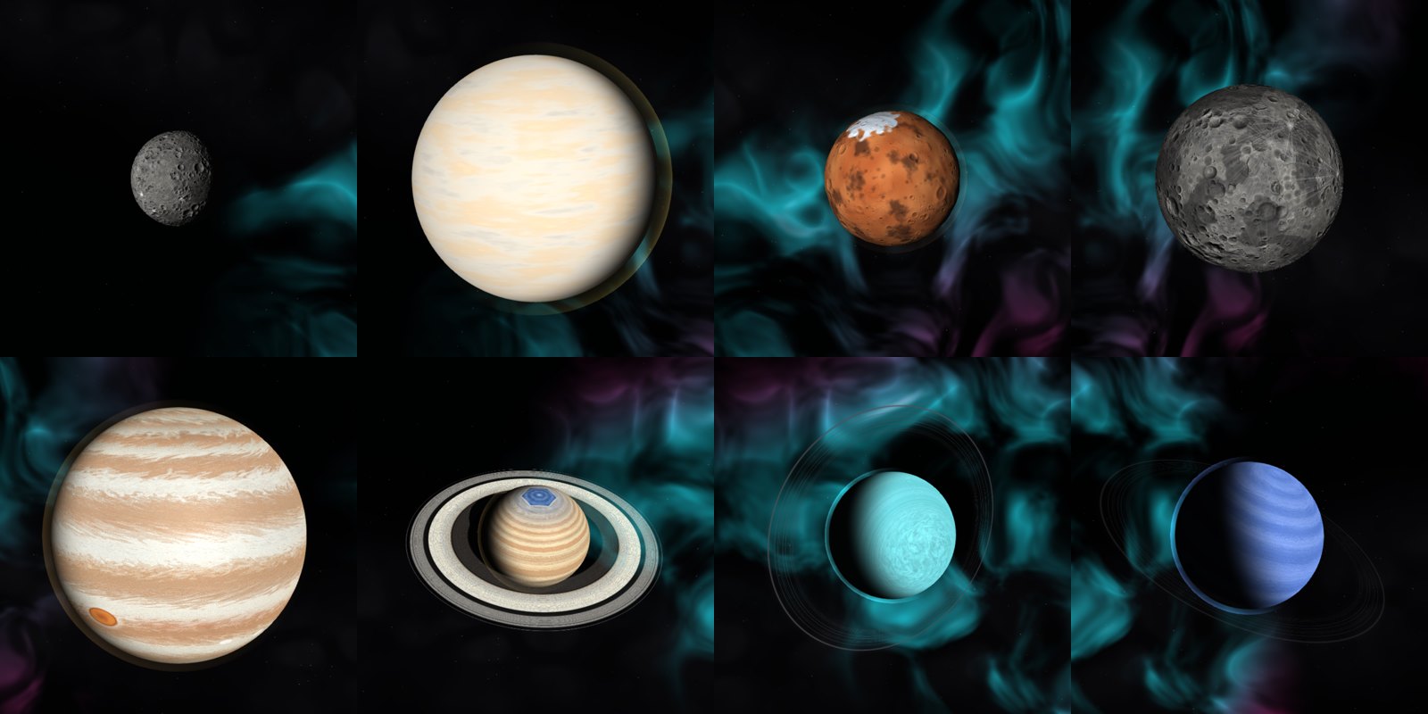 Osiem ciał z laboratorium: Merkury, Wenus, Mars, Księżyc, Jowisz, Saturn, Uran i Neptun