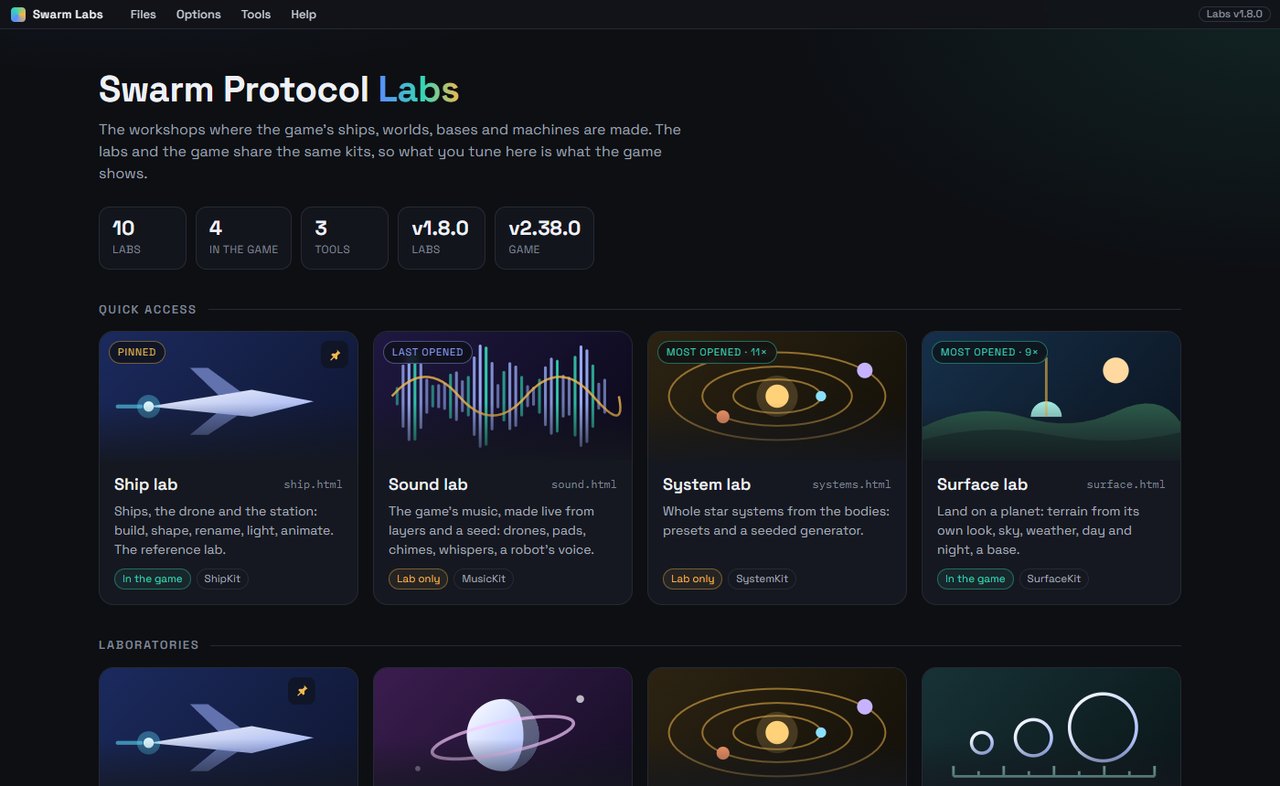 Ekran startowy Swarm Protocol Labs: statystyki, rząd SZYBKI DOSTĘP z kafelkami przypięty, ostatnio otwarty i najczęściej otwierane, poniżej lista laboratoriów