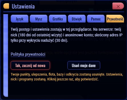 Ustawienia, zakładka Prywatność: przycisk Tak, zacznij od nowa, obok Usuń moje dane, pod spodem ostrzeżenie, co zostanie usunięte, a co zostanie